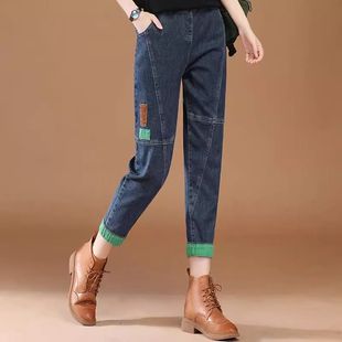 女夏季 休闲老爹裤 款 宽松大码 2024年新款 松紧腰拼接九分哈伦牛仔裤