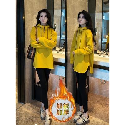 加绒加厚连帽卫衣女冬季小众设计感时尚休闲半拉链百搭中长款上衣