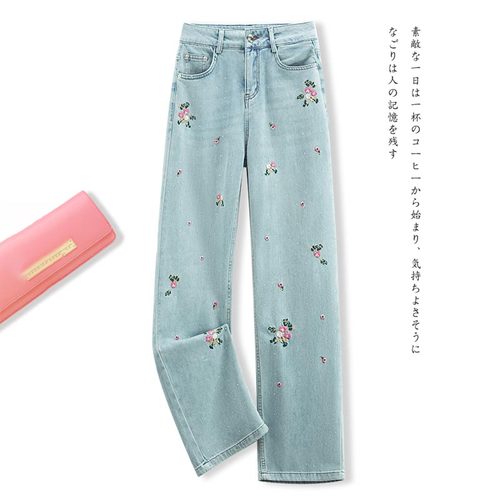 国风烫钻牛仔阔腿裤女2024春夏新