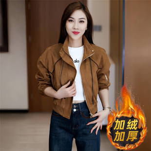 韩系复古夹克衫 新款 休闲百搭洋气上衣 短外套女秋冬季 加绒加厚时尚