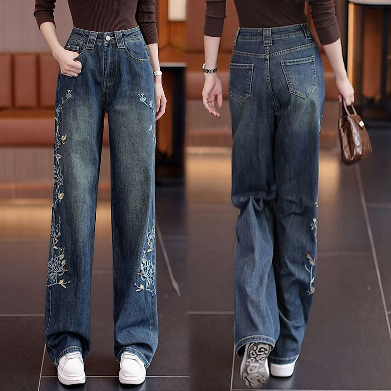 复古中式刺绣牛仔阔腿裤女秋季2024新款国风显瘦高腰宽松直筒长裤