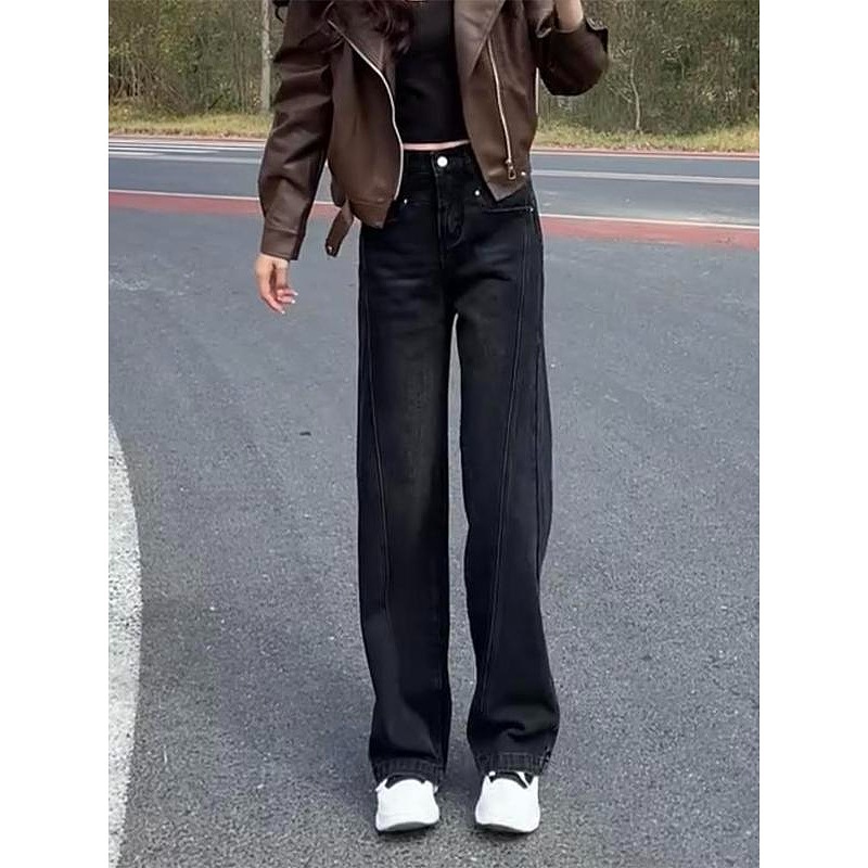 加绒加厚直筒牛仔裤2024年秋季新款女大码拖地裤显瘦宽松阔腿裤子