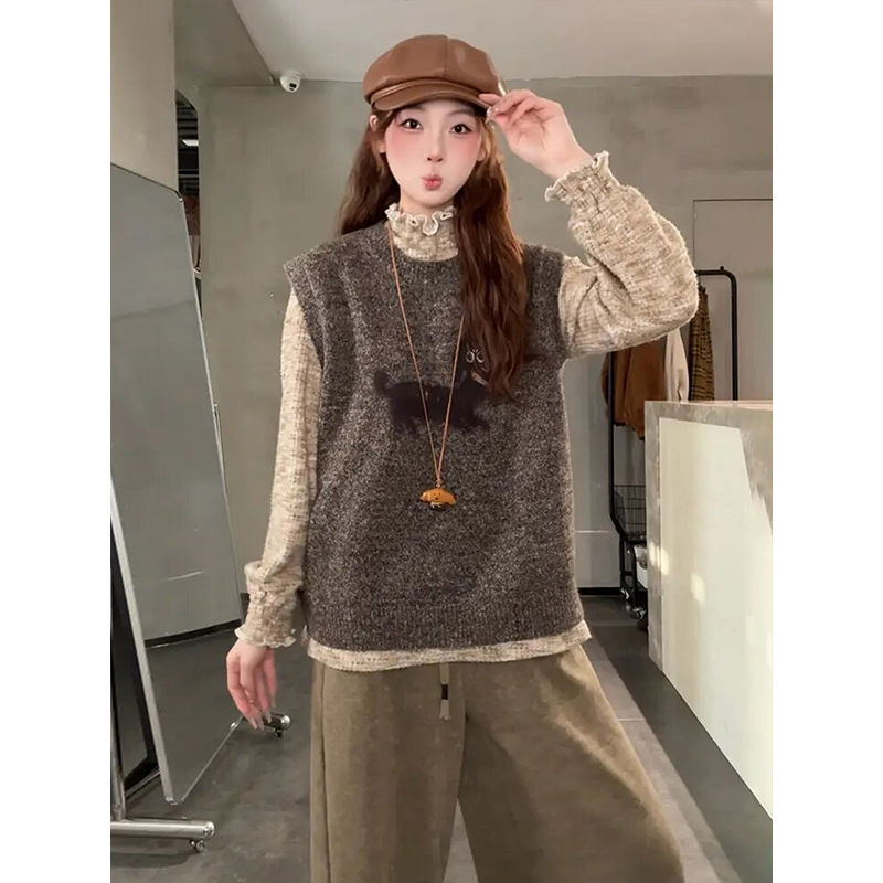 温柔卡通小狗马甲背心女秋冬慵懒风宽松显瘦百搭外穿无袖针织上衣