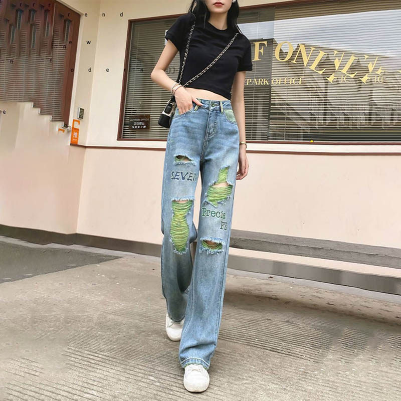 牛仔裤女夏季薄款破洞垂坠感裤子图片