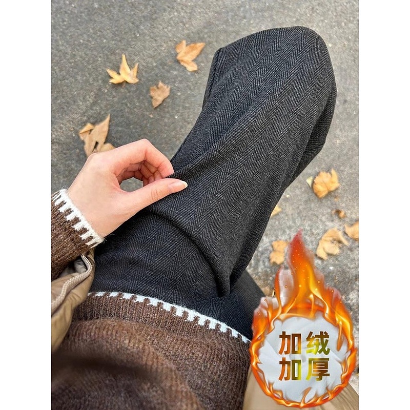 羊毛呢窄版阔腿裤女冬季2024新款高腰直筒休闲人字纹加厚加绒裤子