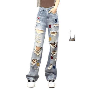 美式时尚破洞个性涂鸦潮流牛仔裤女2025夏季薄款休闲拖地阔腿裤潮