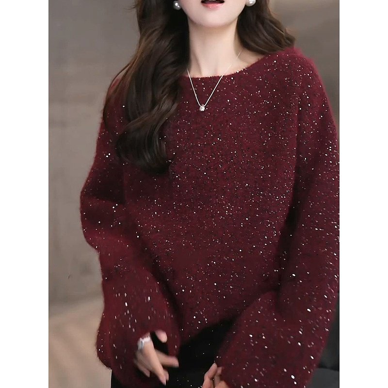 2024秋冬亮片点缀圆领针织衫毛衣女时尚洋气套头重工星星烫印上衣
