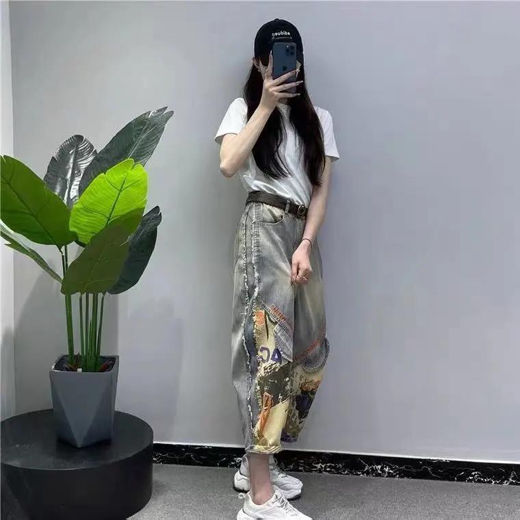时尚高腰个性牛仔裤女秋季2023新款宽松印花哈伦裤显瘦阔腿老爹裤