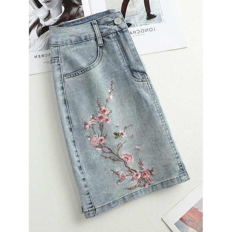 刺绣牛仔短裙女夏薄2024夏季新款洋气百搭高腰显瘦遮跨a字半身裙