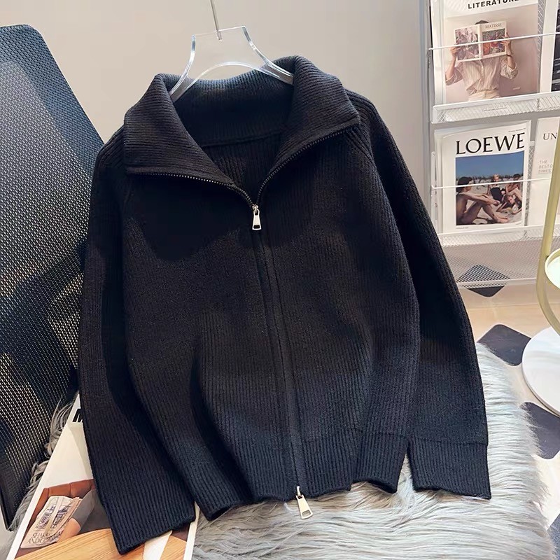 半高领拉链慵懒风毛衣外套女秋冬季2024年新款设计感针织开衫上衣