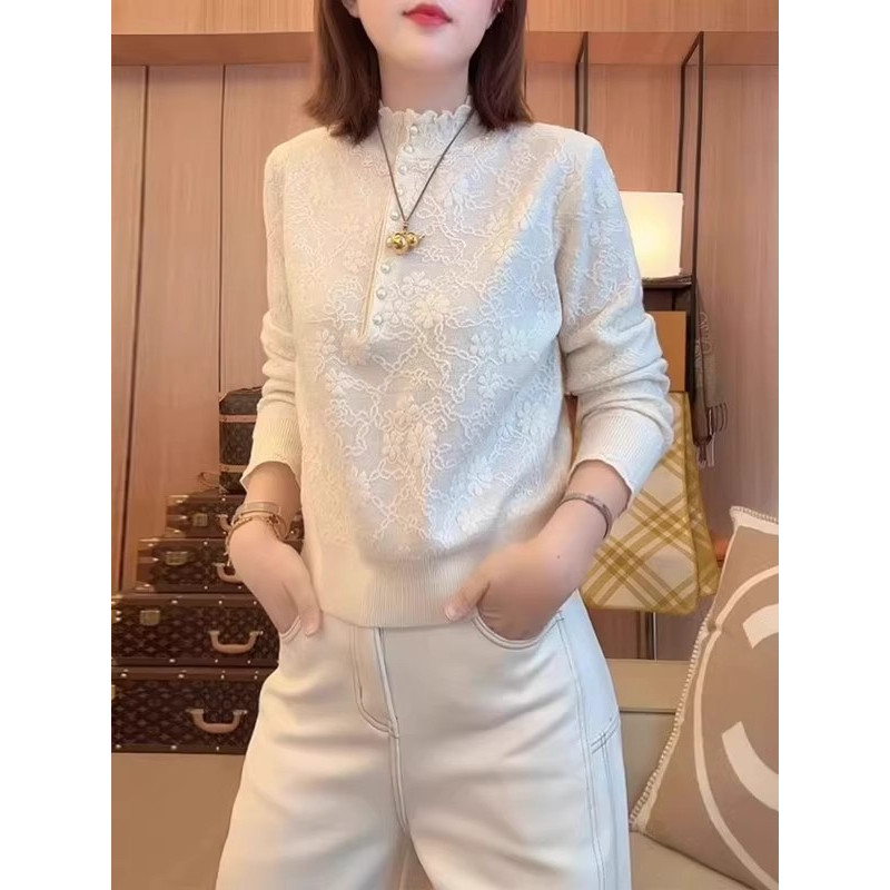 花边立领白色针织打底衫女秋冬2025新款内搭毛衣减龄百搭长袖上衣,女装/女士精品,毛针织衫,淘宝优惠券,粉丝福利购,淘宝优惠卷