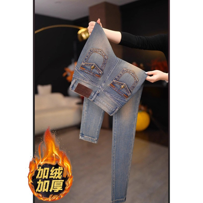 复古蓝高腰加绒牛仔裤女秋冬新款修身显瘦做旧弹力外穿九分小脚裤
