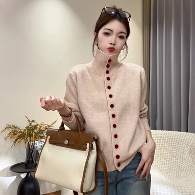 高领针织开衫女2024秋冬季新款复古韩系慵懒风高级感加厚毛衣外套