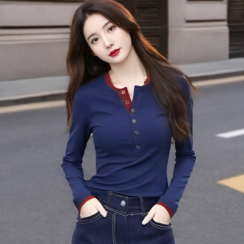 早秋季圆领撞色排扣显瘦长袖打底衫洋气新款上衣修身气质百搭T恤