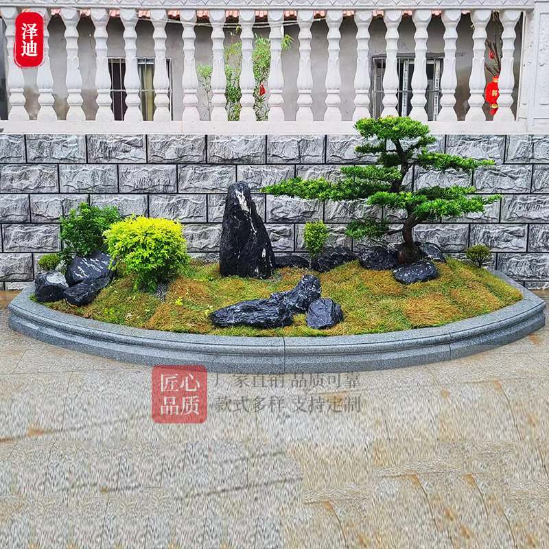 石雕树坑石花岗岩庭院花圃围石大理石广场圆形花池石晚霞红定制