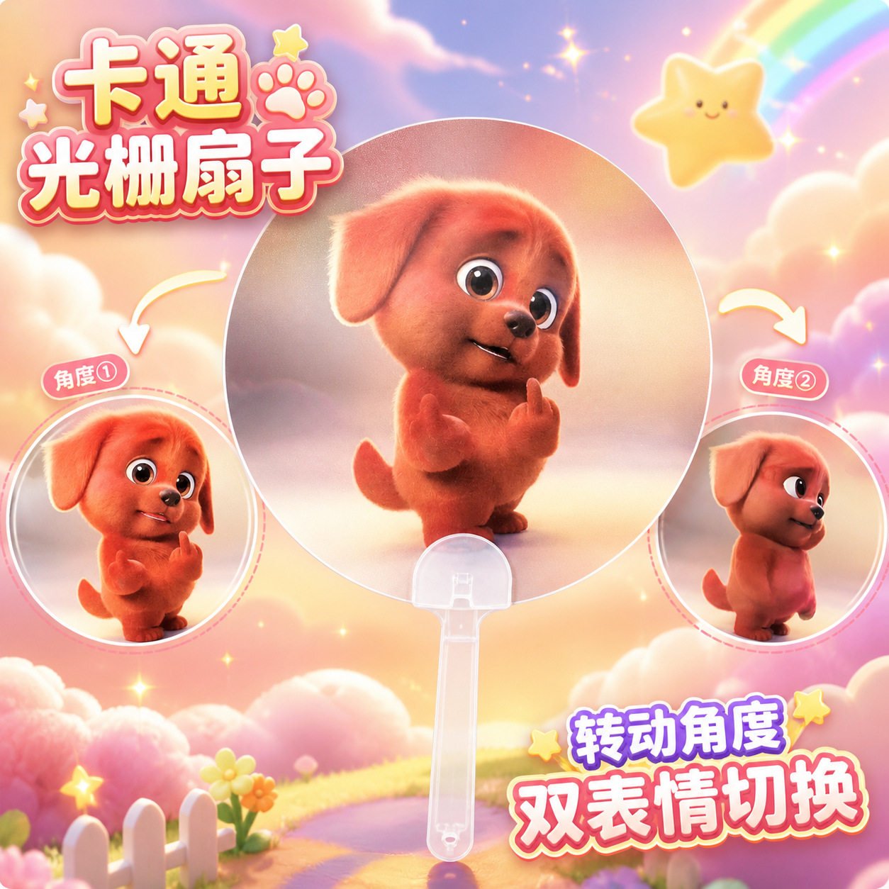 红色小狗光栅3D动态便携手摇扇