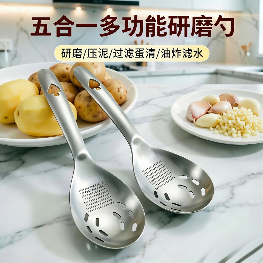 不锈钢五合一辅食压泥研磨勺