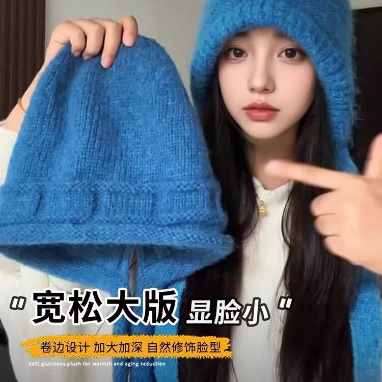 蓝色针织毛线帽子女款2025新款秋冬保暖护耳大头围韩系百搭包头帽