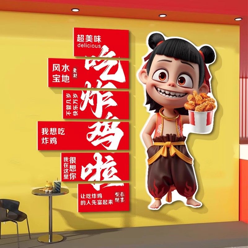 网红韩式炸鸡店墙面装饰贴纸画汉堡店餐饮小吃店创意哪吒氛围布置图片