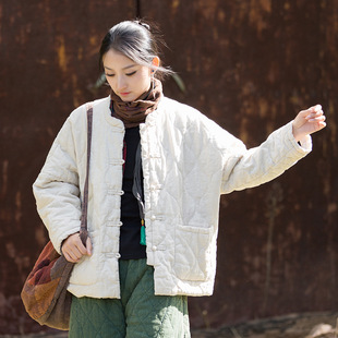 棉服外套 棉袄复古立领盘扣短款 冬季 文艺苎麻夹棉绗缝葫芦格新中式