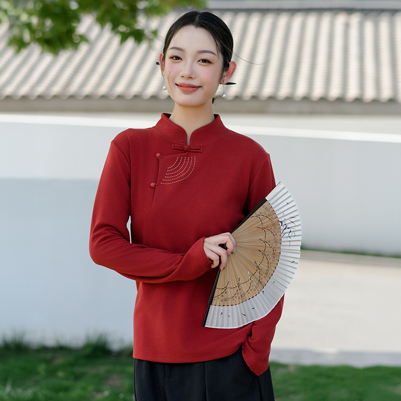 可外穿斜襟刺绣保暖德绒打底衫女