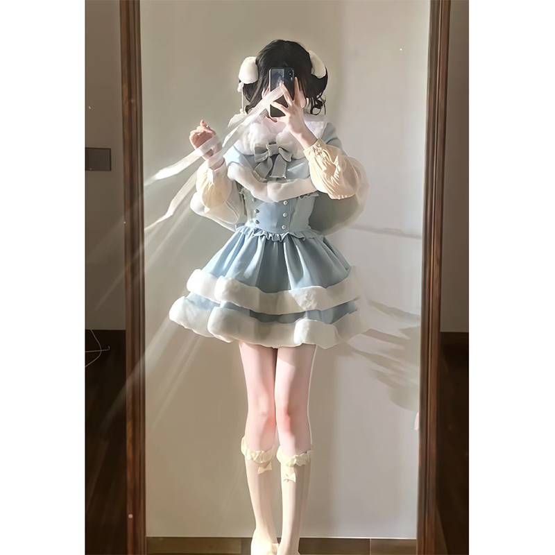 甜美可爱洛丽塔毛绒蝴蝶结斗篷打底衬衫收腰蓬蓬裙秋冬Lolita裙