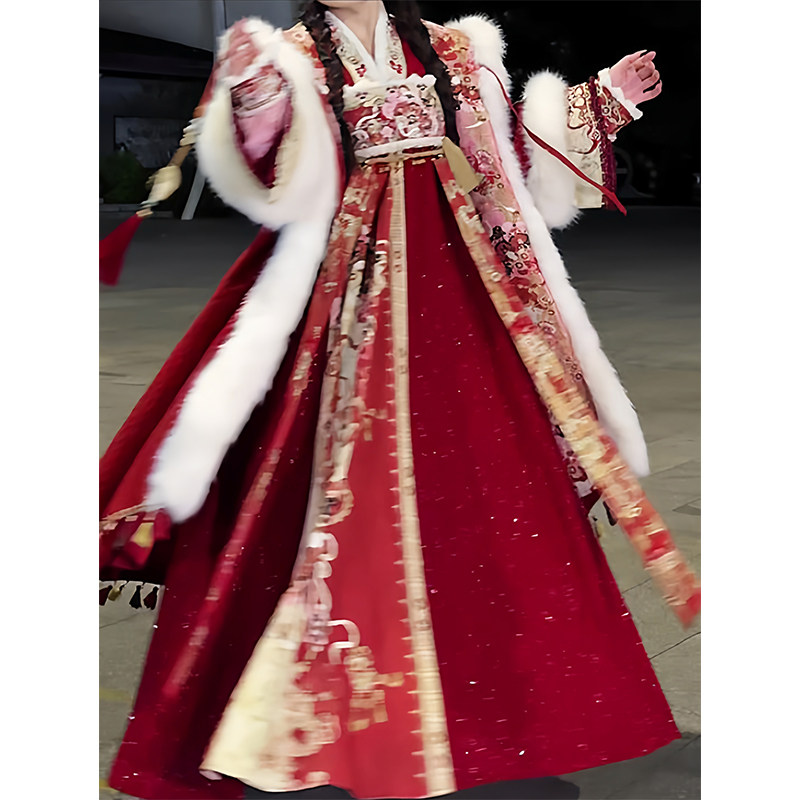 新年战袍汉服女冬季齐胸吊带裙加厚斗篷毛绒保暖套装拜年服国风