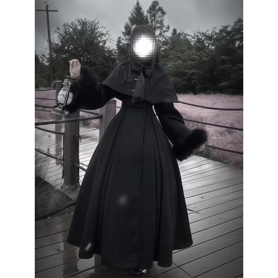 复古黑色哥特套装冬季女披肩斗篷lolita斗篷毛呢连衣裙洛丽塔大衣