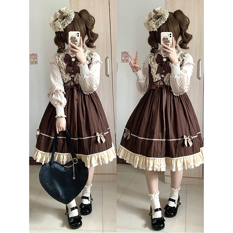 棕色可爱古典lolita裙长袖连衣裙OP洛丽塔洋装蓬蓬重工甜美公主裙