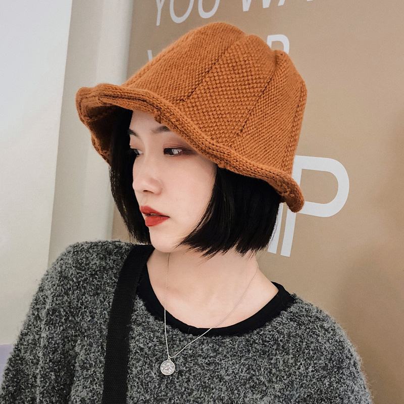 渔夫帽女秋冬韩版百搭复古纯色毛线帽子保暖针织盆帽时尚可爱潮