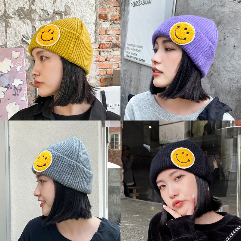 韩国可爱笑脸毛巾绣针织毛线帽子女秋冬保暖学生冷帽雅痞瓜皮帽潮