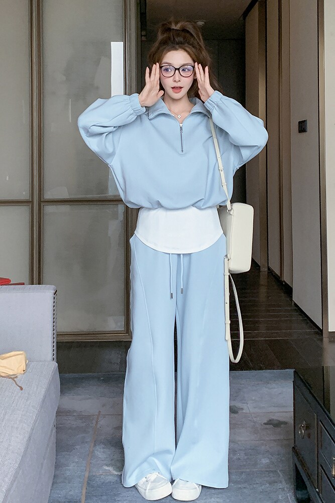 蓝色休闲运动卫衣套装裤女2025开春新款学院风减龄卫裤两件套宽松,女装套装/套裙,慧峰