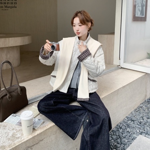 米白色菱格夹棉立领棉服女冬季2025新款韩系洋气浪漫防风保暖棉衣图片