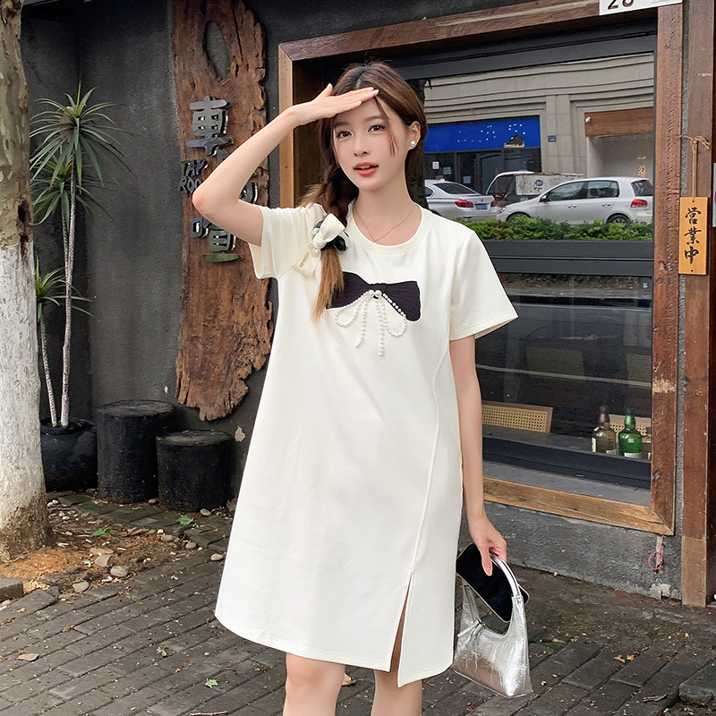 短袖t恤女2025新款夏季女装潮韩版时尚洋气蝴蝶结钉珠别致上衣女,女装连衣裙,慧峰