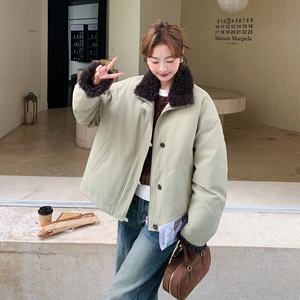 韩系羊羔毛拼接短款外套女休闲毛领派克服显瘦加厚羽绒服外套