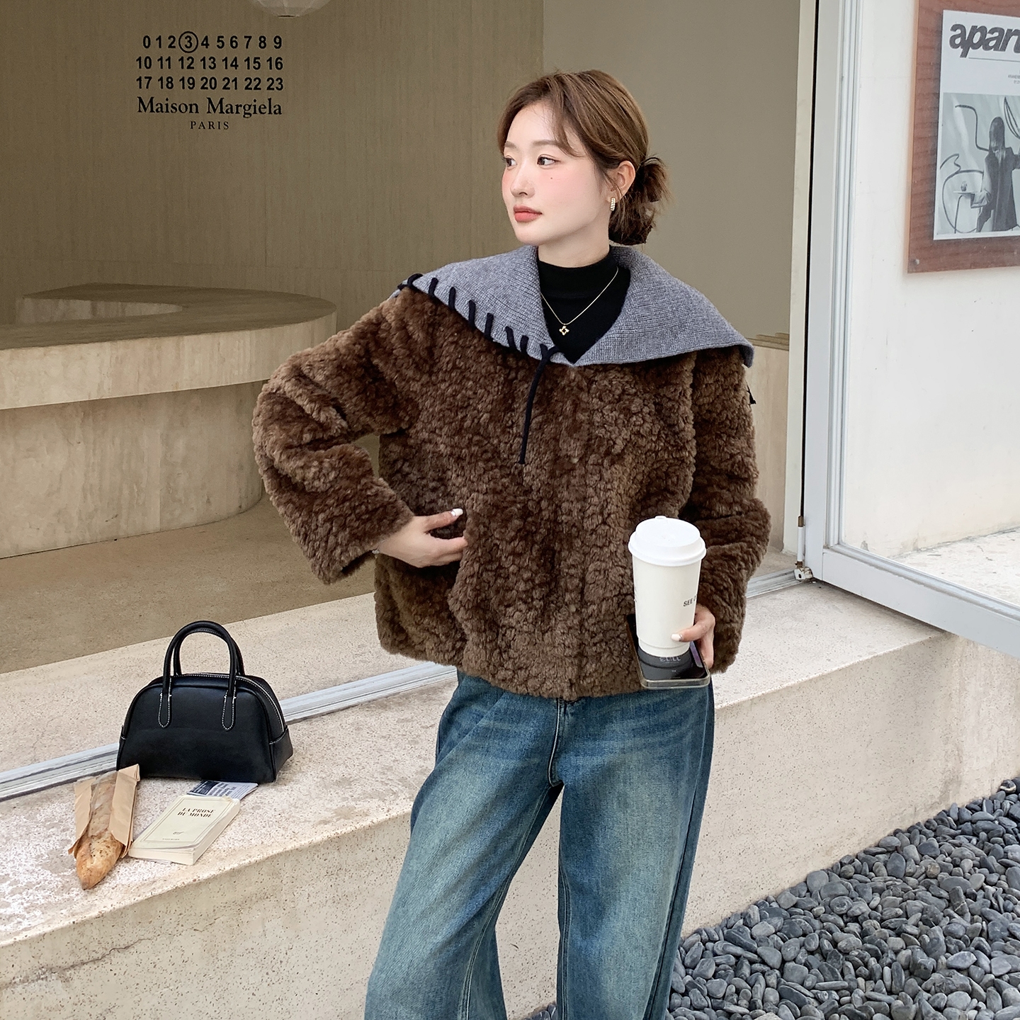 韩版针织海军领皮毛一体宽松外套女2025秋冬新款毛绒加厚保暖上衣，女装短外套，慧峰