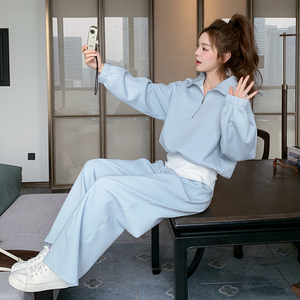 蓝色休闲运动卫衣套装裤女2025开春新款学院风减龄卫裤两件套宽松图片