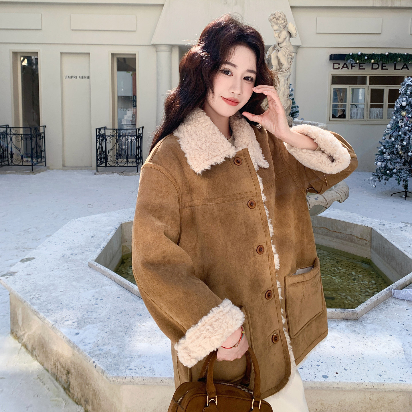 韩系双面穿羊羔毛外套女冬季皮毛一体加厚保暖麂皮风短外套,女装短外套,慧峰