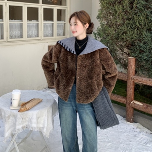 韩版针织海军领皮毛一体宽松外套女2025秋冬新款毛绒加厚保暖上衣图片