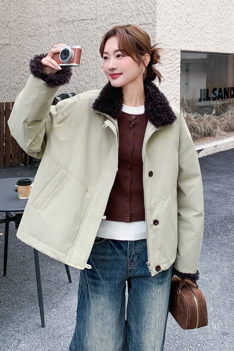 韩系羊羔毛拼接短款外套女休闲毛领派克服显瘦加厚羽绒服外套,女装短外套,慧峰