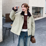 韩系羊羔毛拼接短款外套女休闲毛领派克服显瘦加厚羽绒服外套，女装短外套，慧峰