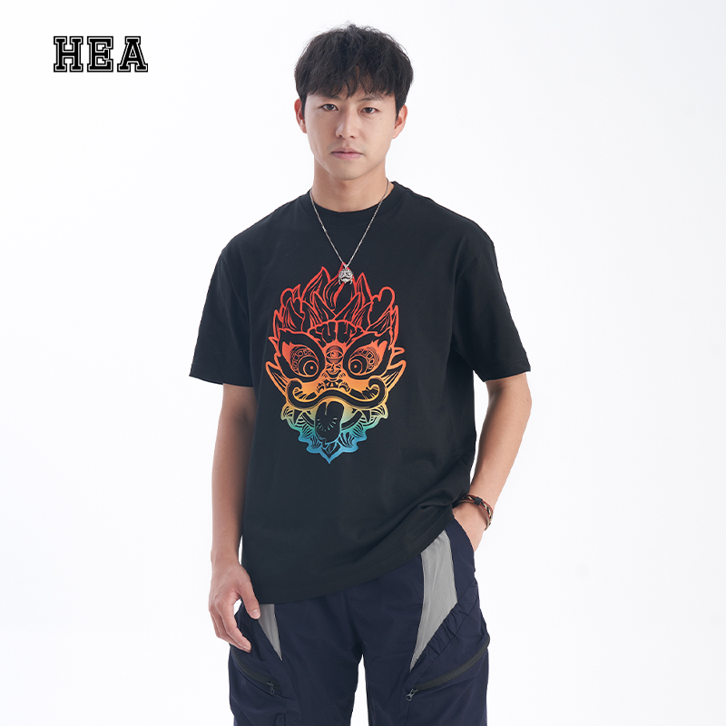 HEA 醒狮渐变狮头短袖T恤国风短袖短袖潮流百搭舒适T恤上衣情侣装