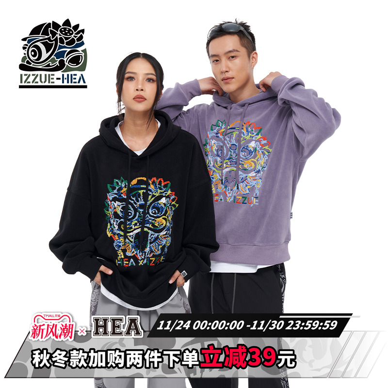 潮牌醒狮狮头连帽长袖卫衣情侣装