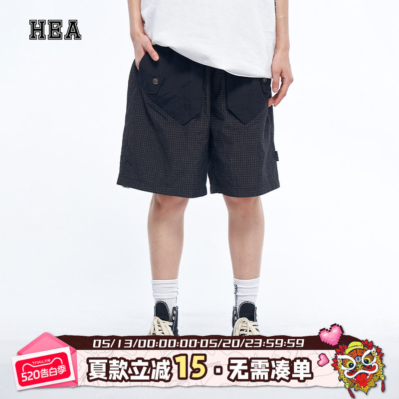 HEA 休闲短裤经典格纹大口袋抽绳宽松直筒街头五分裤运动风轻户外