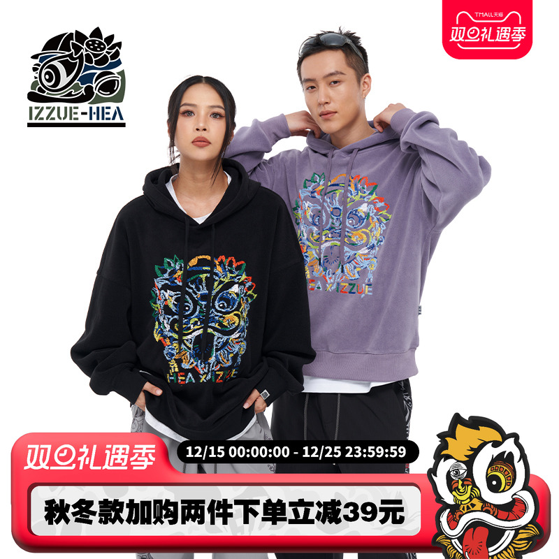 潮牌醒狮狮头连帽长袖卫衣情侣装