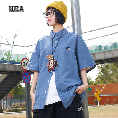 HEA 经典国潮基础款竖条纹短袖衬衫复古休闲棉感翻领叠穿百搭情侣
