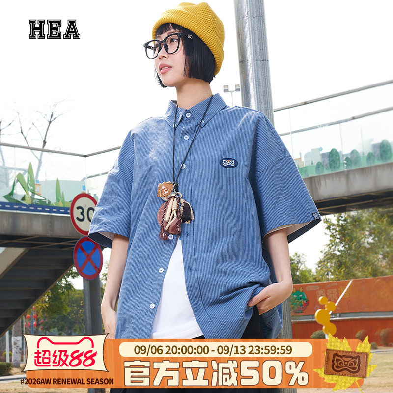 HEA 经典潮牌竖条纹短袖衬衫复古休闲棉感翻领叠穿百搭男女同款图片