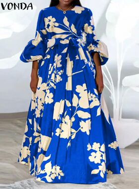 Plus Size  Women Maxi Dress 2024 Vintage Puff Sleeve Printed