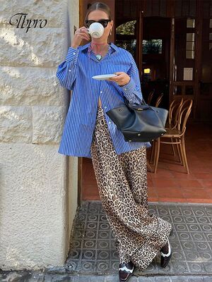 Vintage Leopard Print Wide-leg Pants For Women Casual High-w