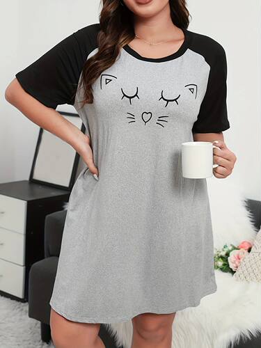 Plus Size Fashion Loungewear Dress, Women's Plus Cartoon Cat